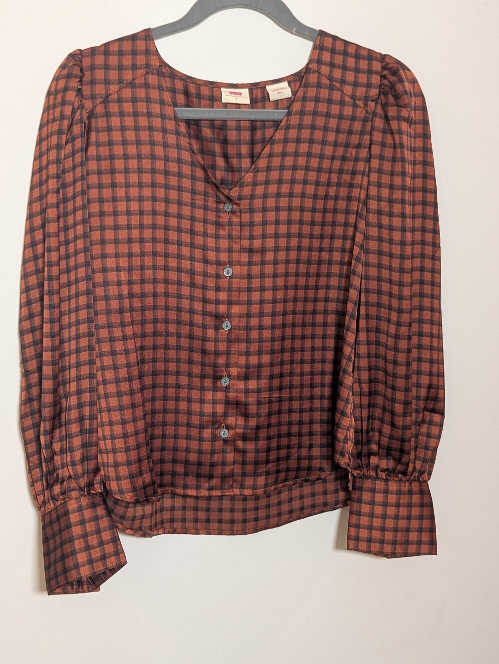 Levi’s Kit Blouse S Rust Black Plaid Satin Puff Sleeve Button Front